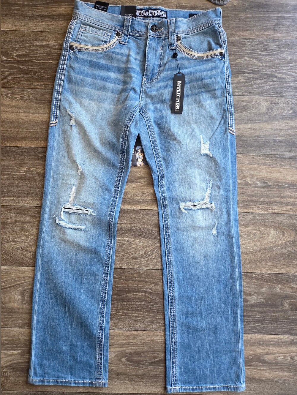 Affliction Ace Jace Distressed Light Blue Slim Straight Jeans Mens Size 31x32
